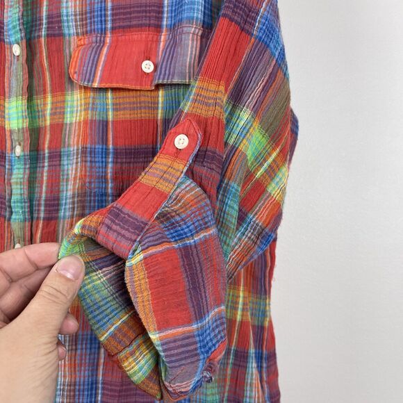 Ralph Lauren Womens Plaid Top Sz M Multi Rainbow 100% Cotton Crinkle Blouse - Picture 4 of 9